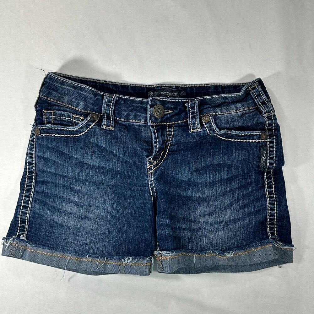 Silver denim jean Mckenzie Shorts Low Rise Size 27 Cuffed hem Flap pockets BO